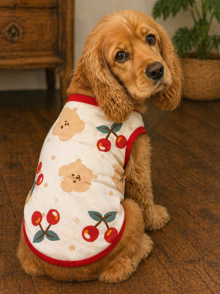 Cute Bear & Cherry Print Dog T-Shirt – Slip-On Pet Tee