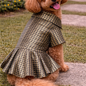 Festive Designer Pet Frock – Gold & Black Houndstooth