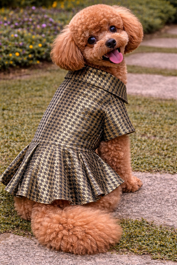 Festive Designer Pet Frock – Gold & Black Houndstooth
