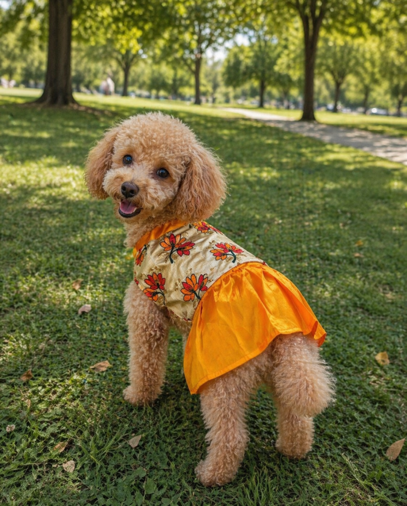 Festive Floral Pet Frock – Golden & Orange
