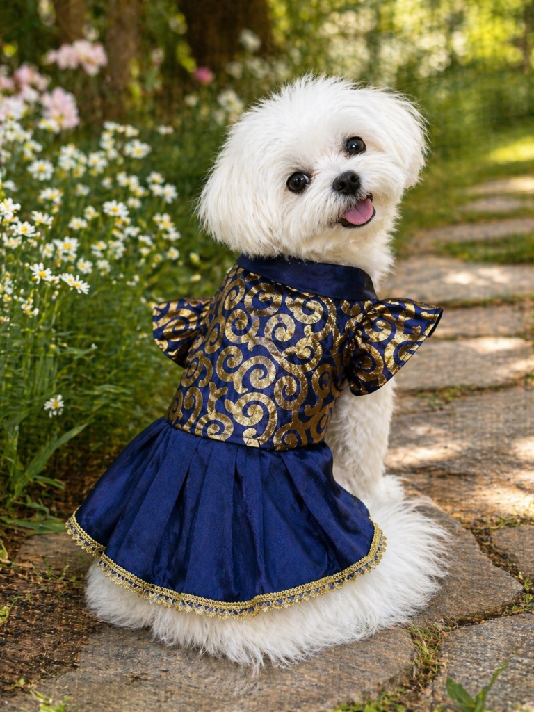 Royal Navy & Gold Designer Pet Frock – Festive Party Wear