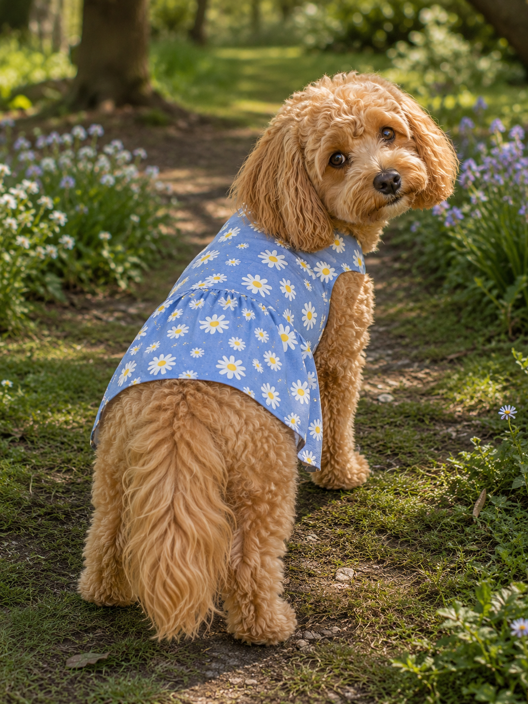 Blue Daisy Denim-Style Dog Frock – Easy Velcro Closure