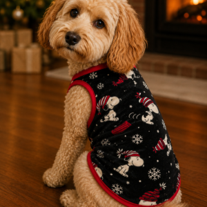 Snoopy Winter Velvet Dog T-Shirt – Soft Fleece Pet Sweatshirt (Black & Red)