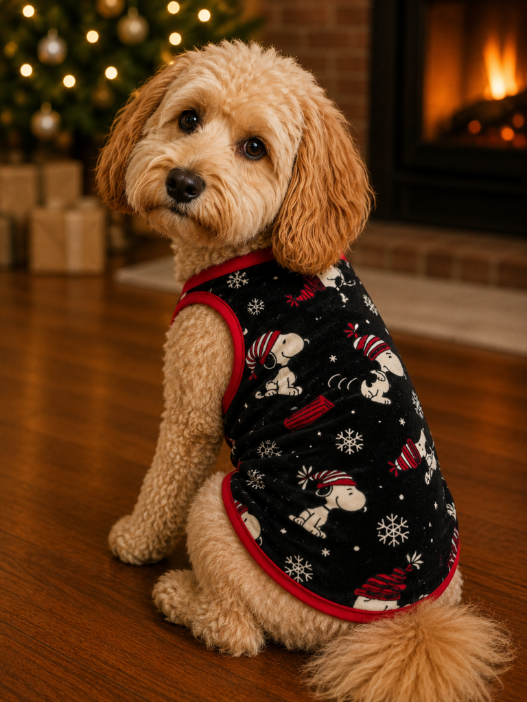 Snoopy Winter Velvet Dog T-Shirt – Soft Fleece Pet Sweatshirt (Black & Red)