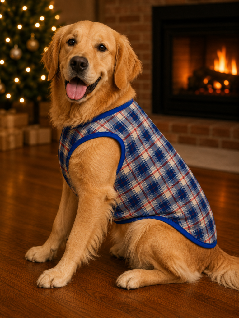 Blue Checkered Sleeveless Dog Winter Velvet Tshirt– Soft Fleece
