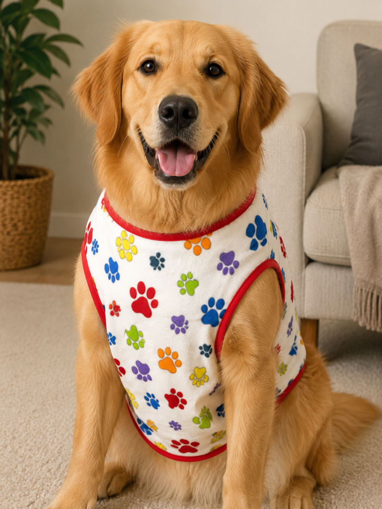 Colorful Paw Print Sleeveless Fleece Dog T-Shirt