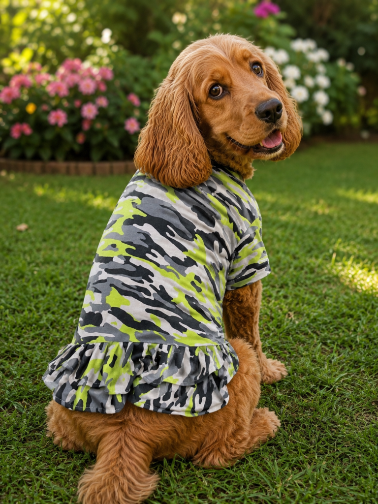 Neon Camo Ruffle Dog Frock – Stylish Camouflage Pet Dress