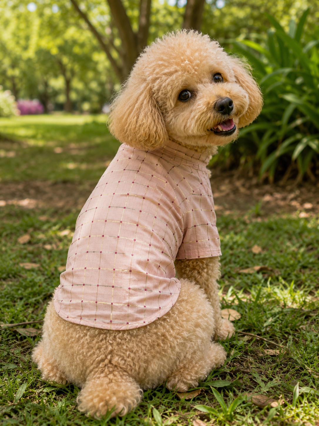 Premium Ethnic Festive Dog Shirt – Pink Metallic Checked Party Wear for Pets