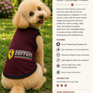 Premium Maroon Ferrari-Inspired Dog T-Shirt – Sporty Sleeveless Pet Vest