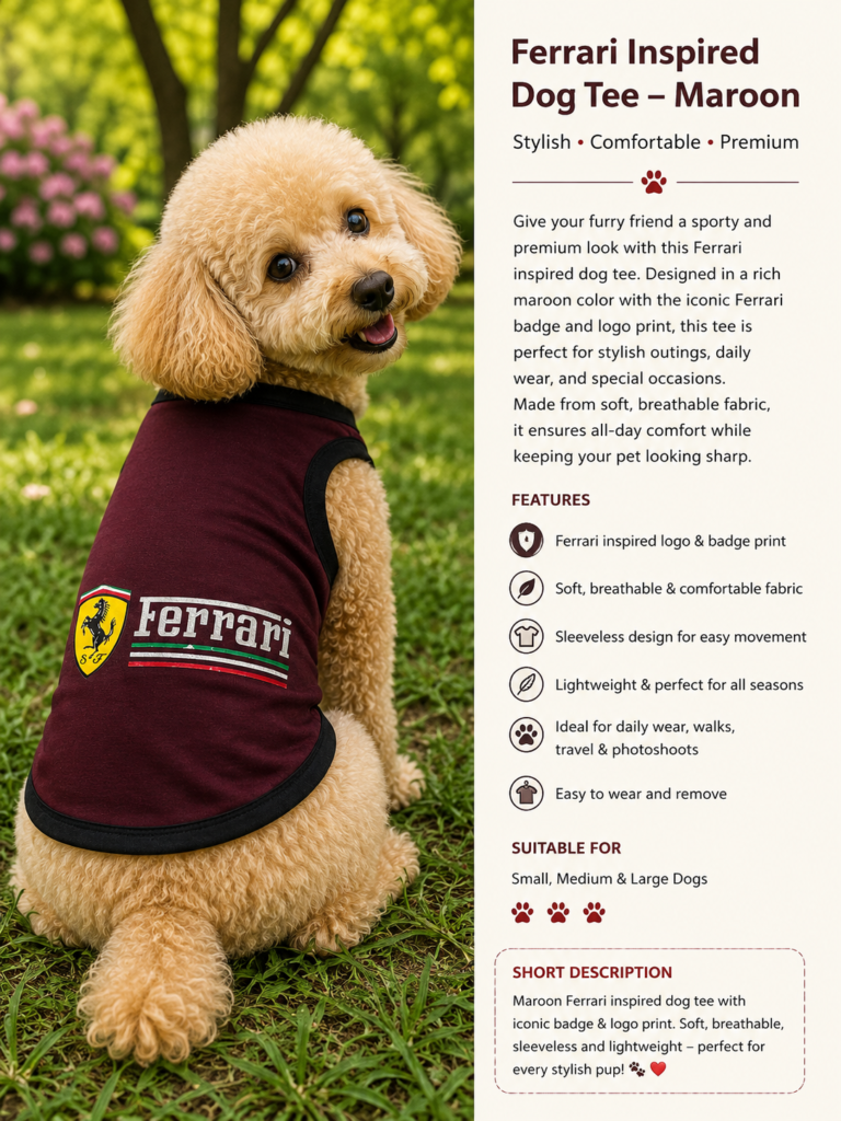 Premium Maroon Ferrari-Inspired Dog T-Shirt – Sporty Sleeveless Pet Vest