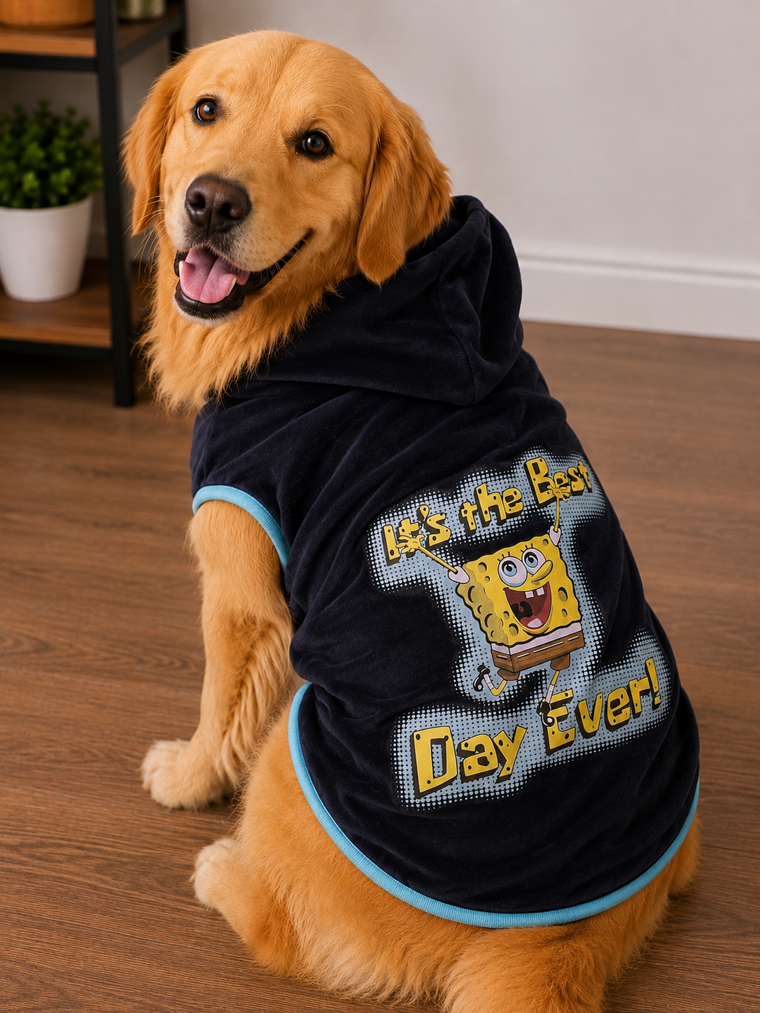 Navy Blue Sleeveless Dog Hoodie – Cartoon Print Winter Hoodie
