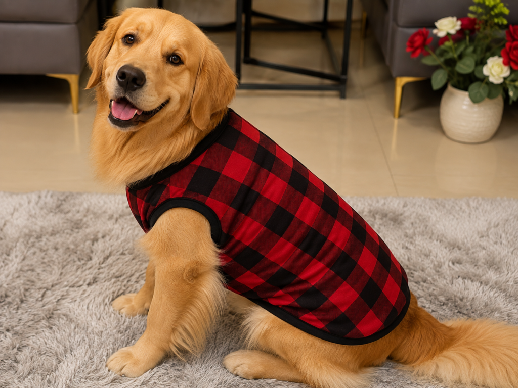 Red & Black Checked Velvet Sleeveless Dog Fur Tee