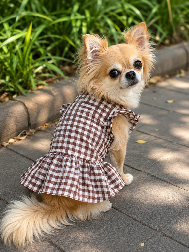 Maroon Brown Gingham Dog Frock