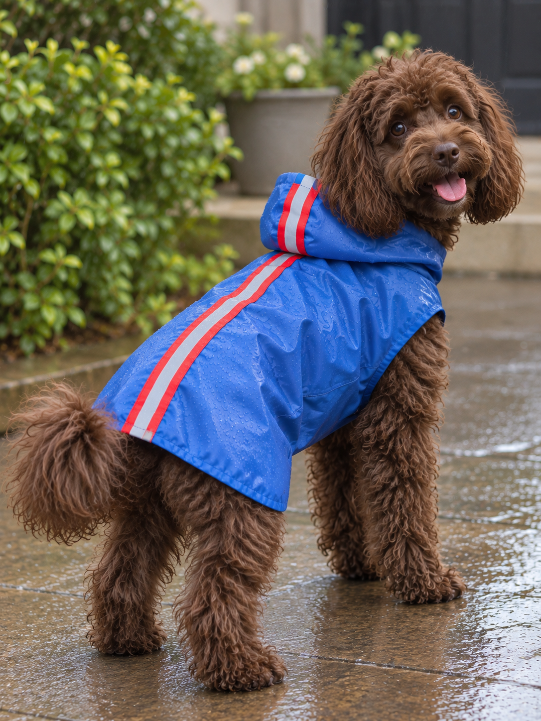 Blue Hooded Dog Raincoat with Reflective Stripes