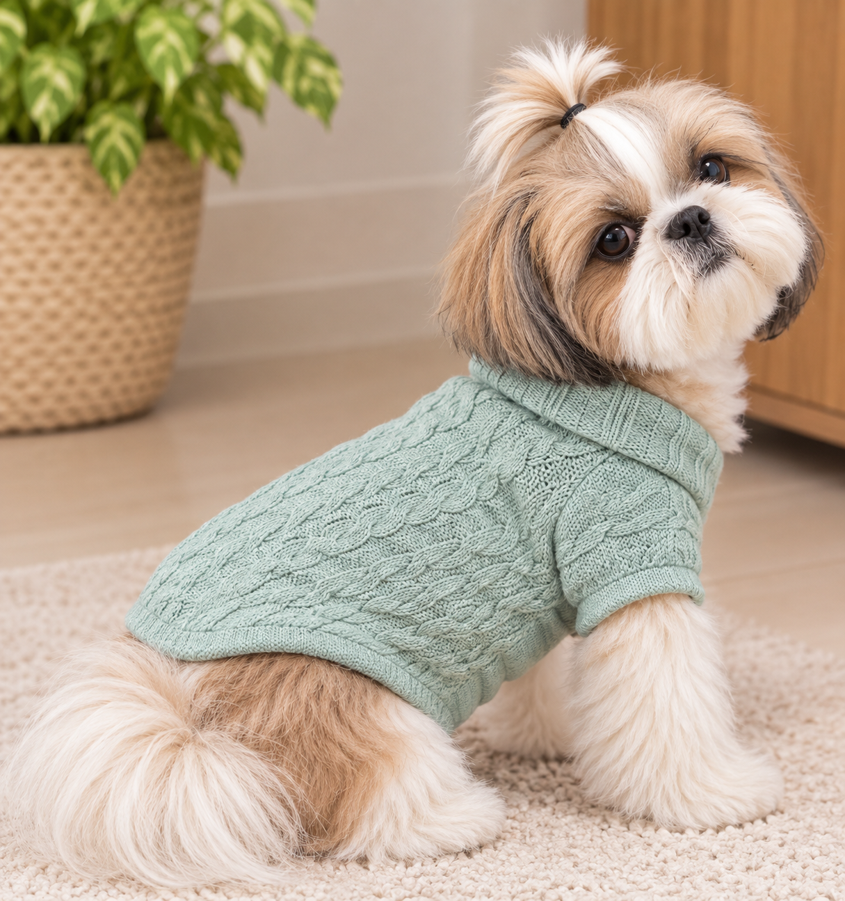 🐾 Mint Green Cable-Knit Half-Sleeve Sweater