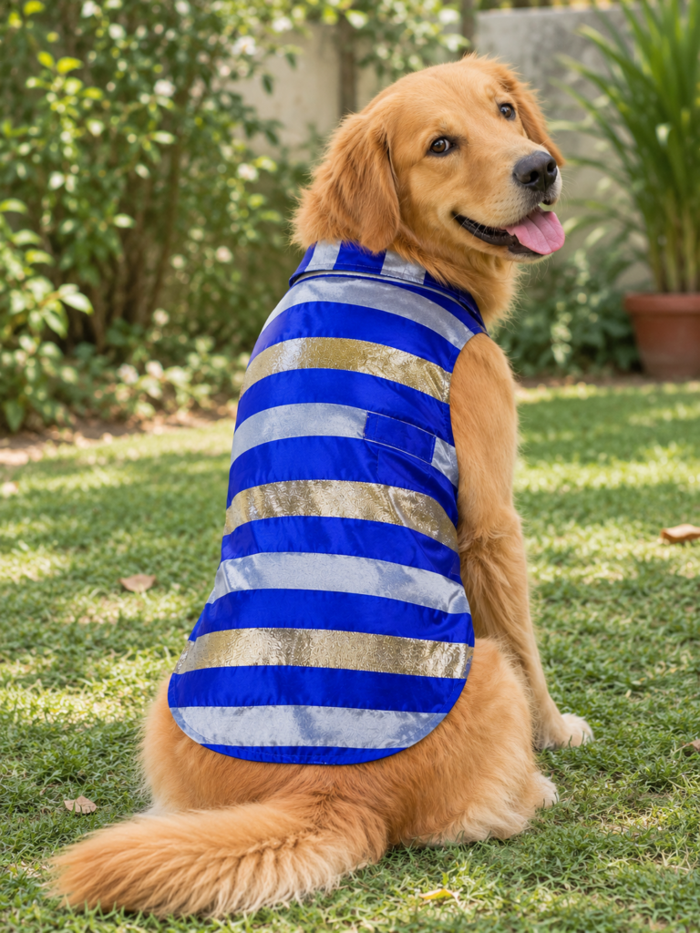 Blue, Silver & Gold Striped Sleeveless Dog Ethnic Festive Shirt