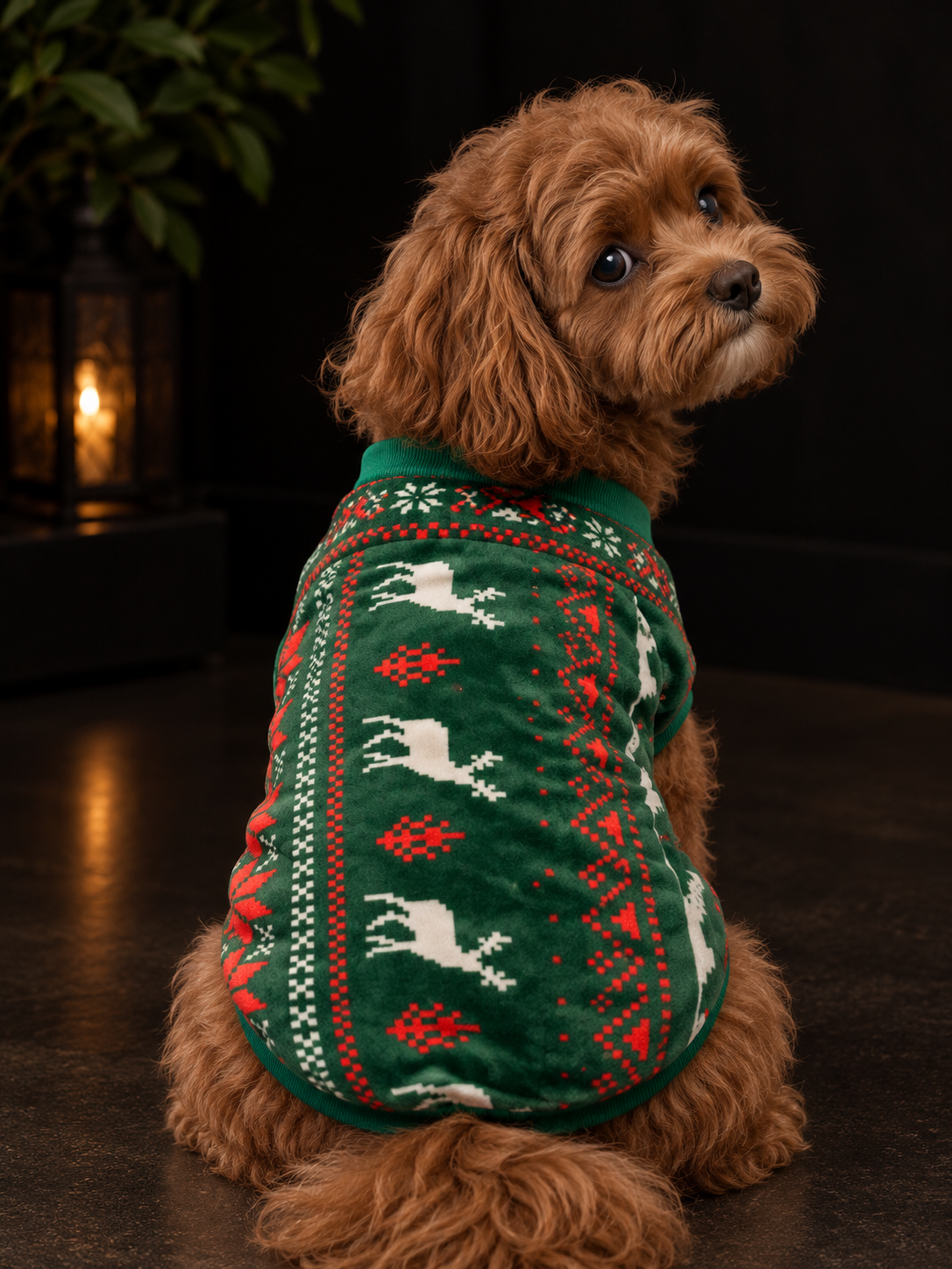 Green Christmas Velvet Dog Tee – Festive Reindeer Print Pet Wear