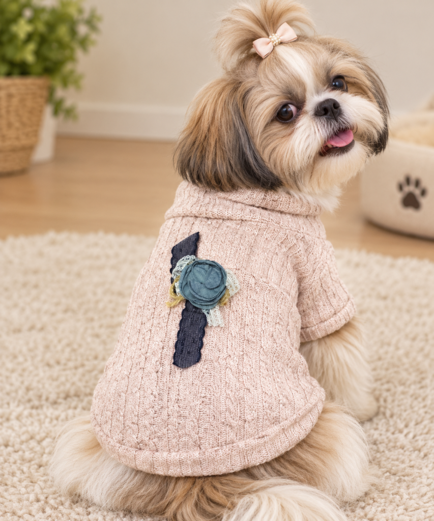 Blush Pink Floral Cable-Knit Winter Sweater