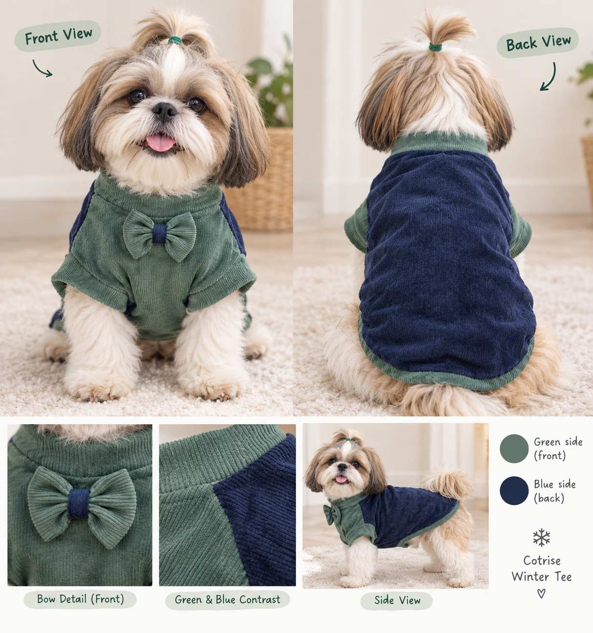 Cotrise Winter Tee – Green & Navy Blue With Bow