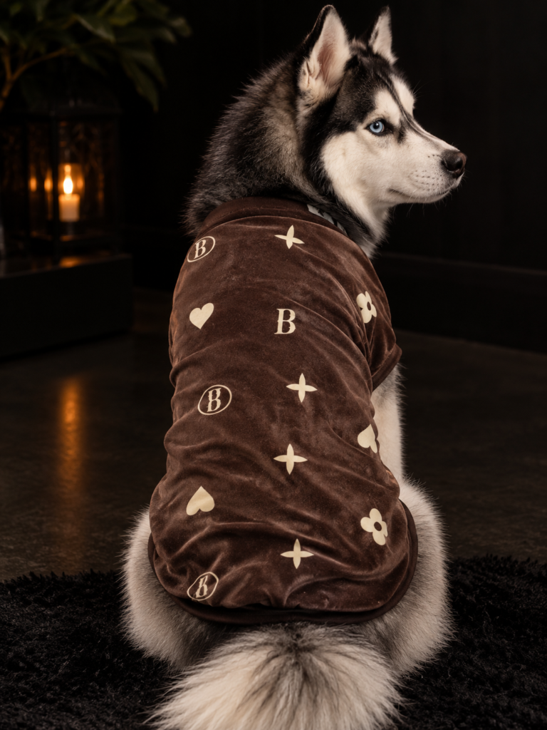 Chocolate Brown Nude Velvet Dog Tee – Elegant Heart & Monogram Print