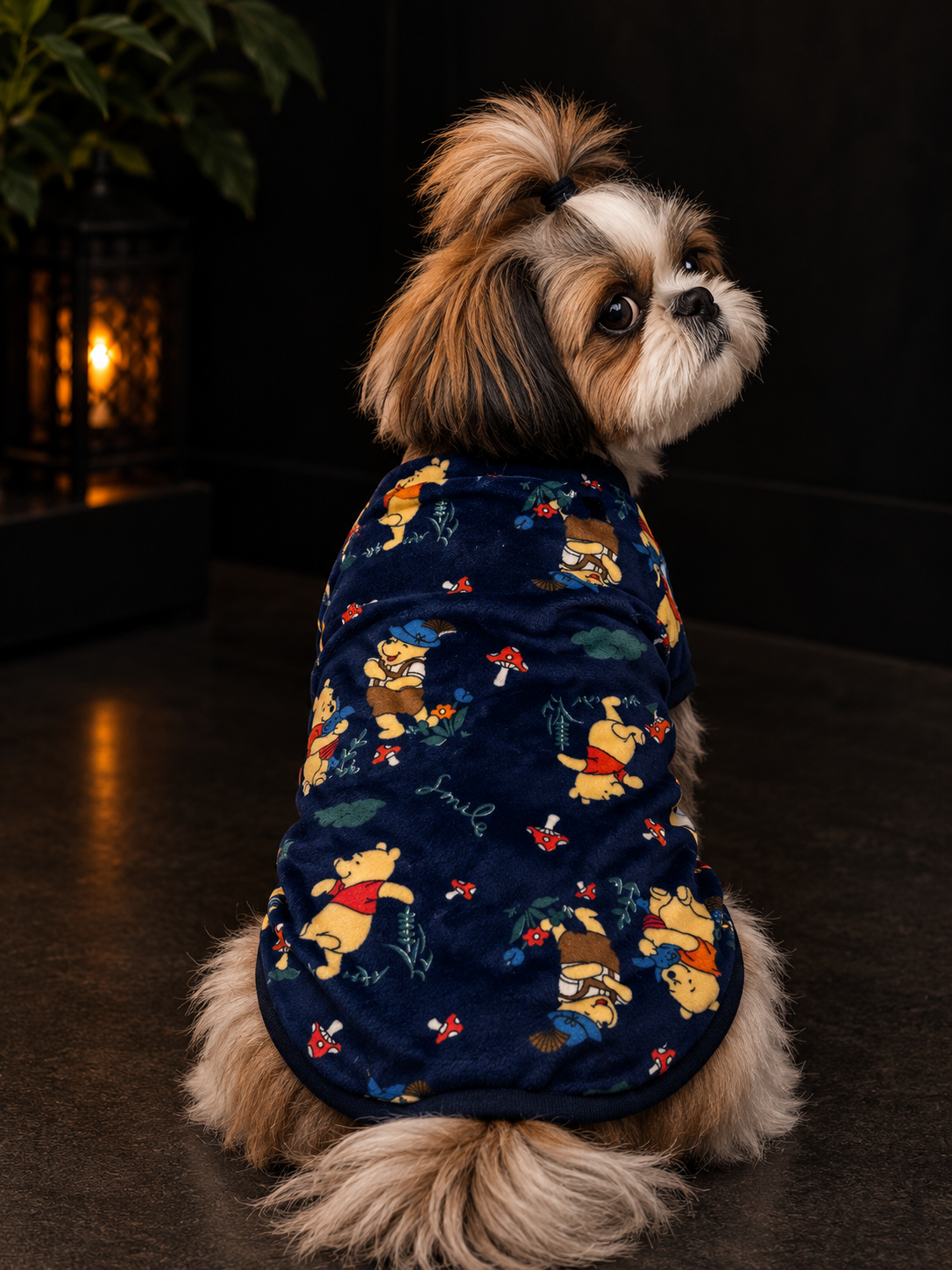 Navy Blue Cartoon Velvet Dog Tee | Cute Bear Print Pet Clothes