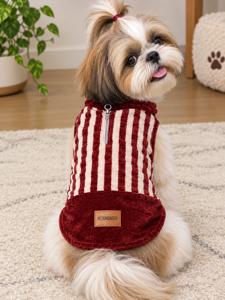 Maroon Velvet Striped Sleeveless Dog Outfit
