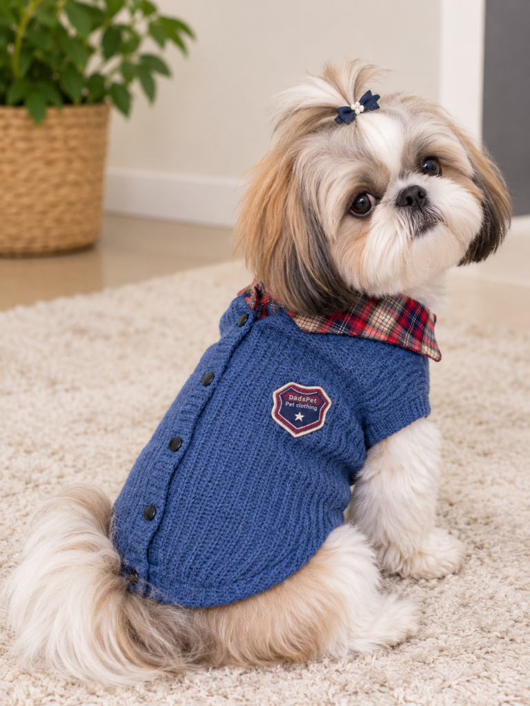 Blue Knitted Sweater with Plaid Collar