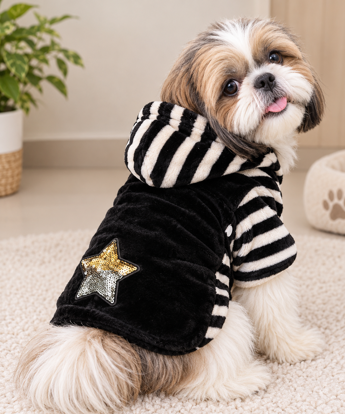 Black & White Striped Velvet Star Hoodie