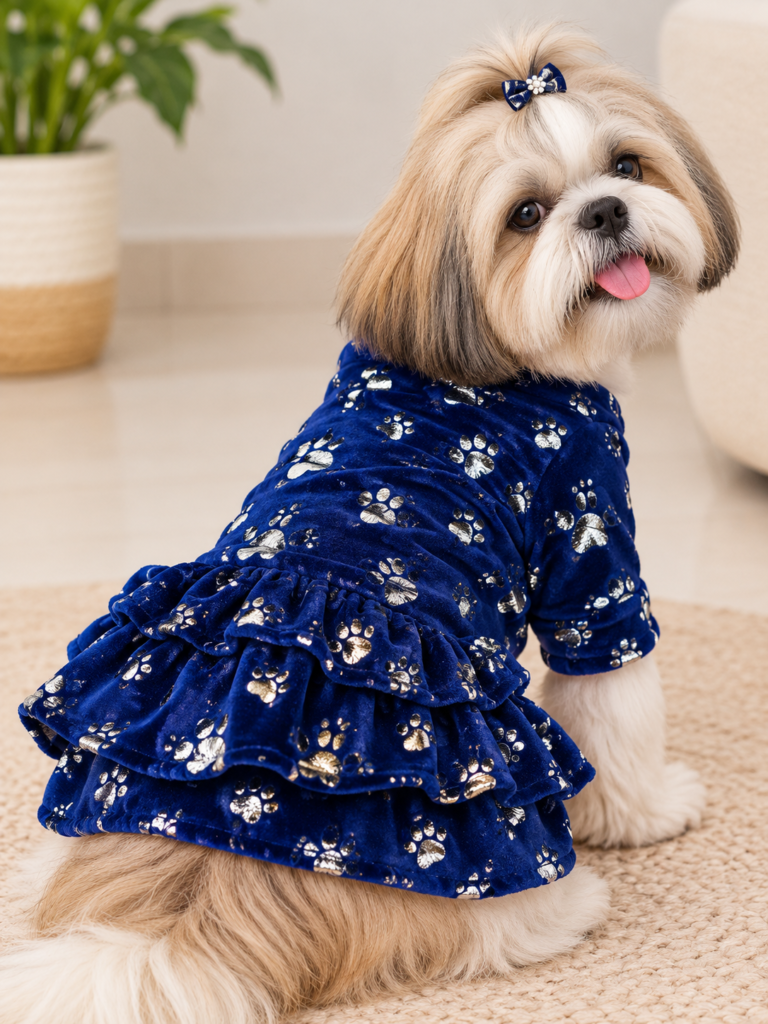 Blue Paw Print Velvet Frock 💙