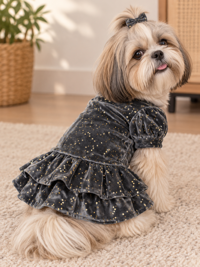 Charcoal Grey Velvet Dog Frock with Golden Sparkle ✨
