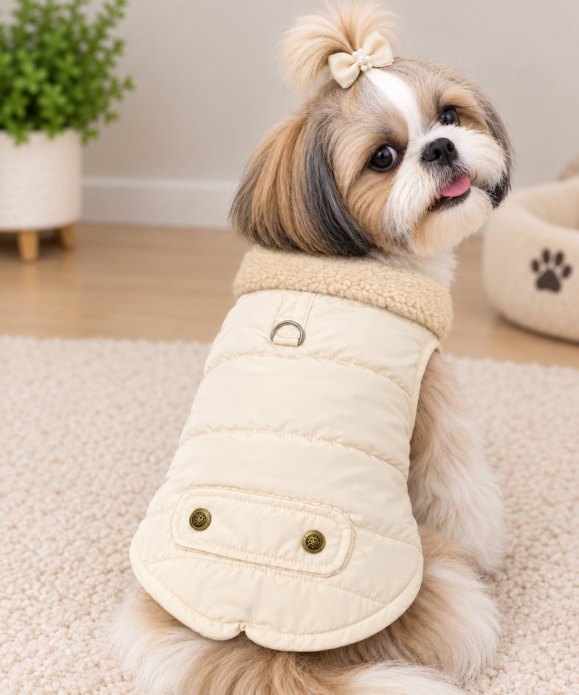 Cream Beige Sleeveless Fur Winter Jacket