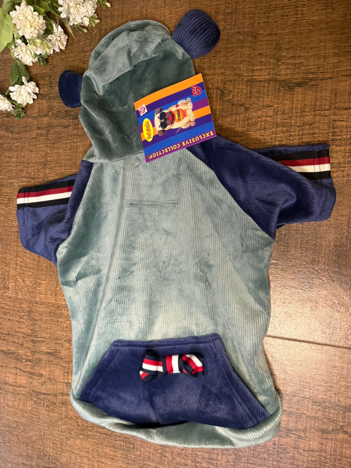 Sage Green & Navy Corduroy Hoodie with Cute Ears and Bow 🎀 - Image 2