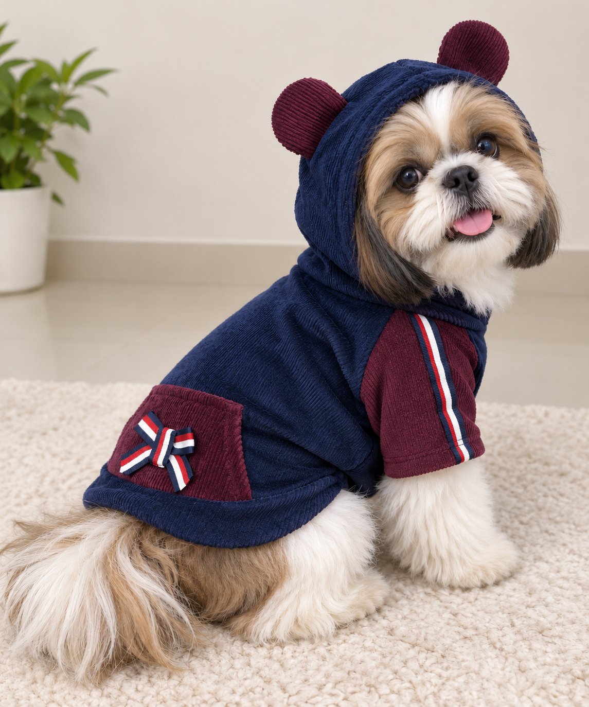 🐻 Navy Blue & Maroon Bear Hood Corduroy Hoodie