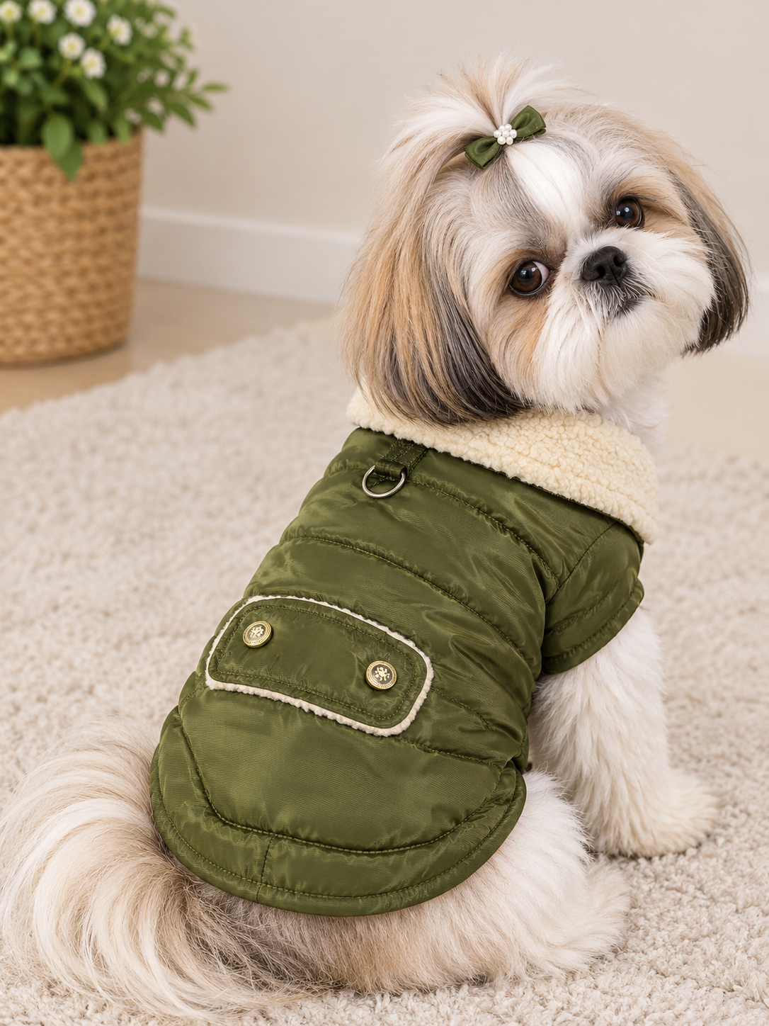 Olive Green Quilted Winter Jacket with Fur Collar