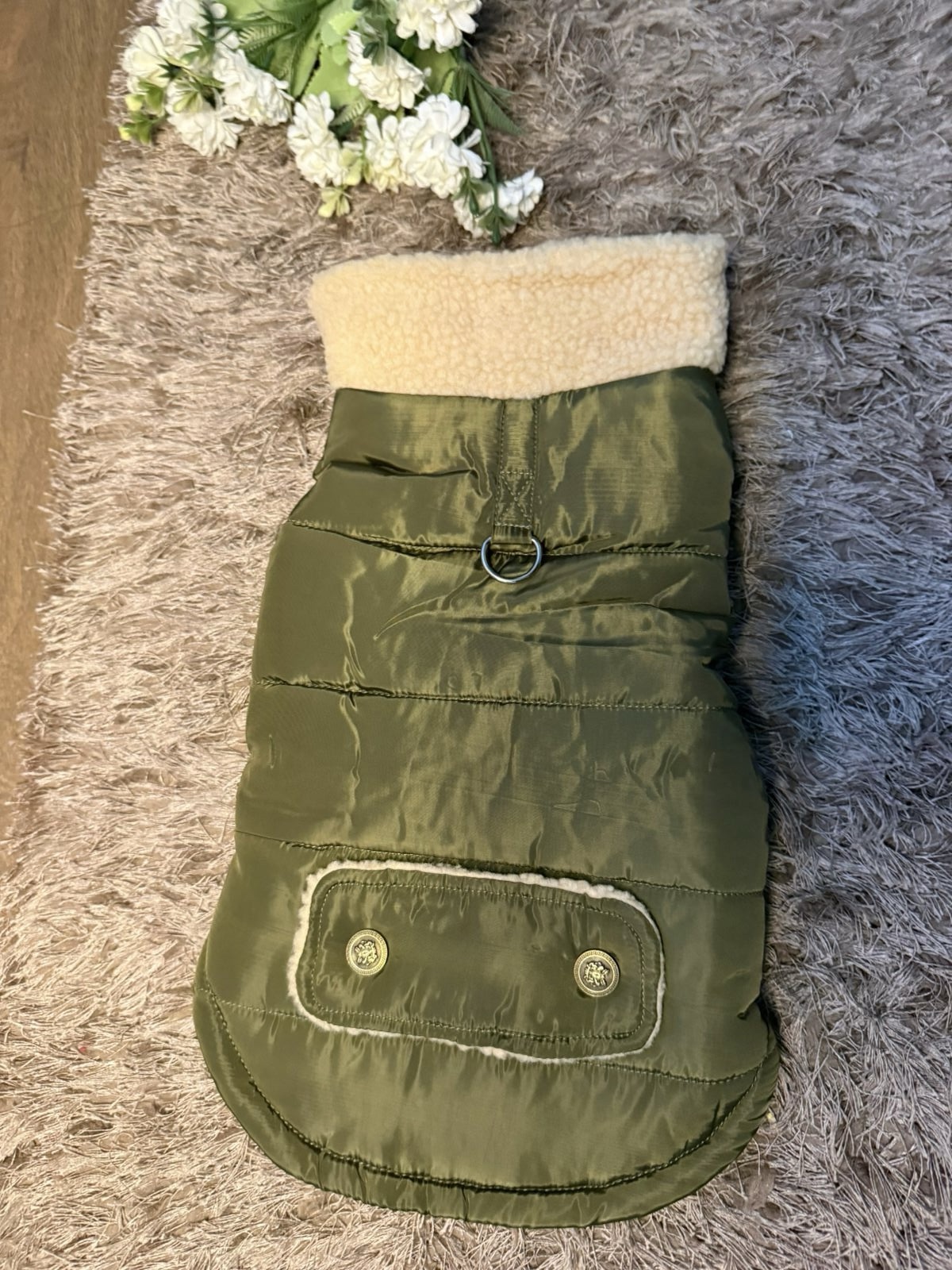 Olive Green Quilted Winter Jacket with Fur Collar - Image 2