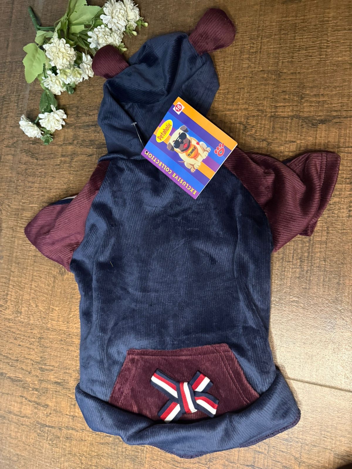🐻 Navy Blue & Maroon Bear Hood Corduroy Hoodie - Image 2