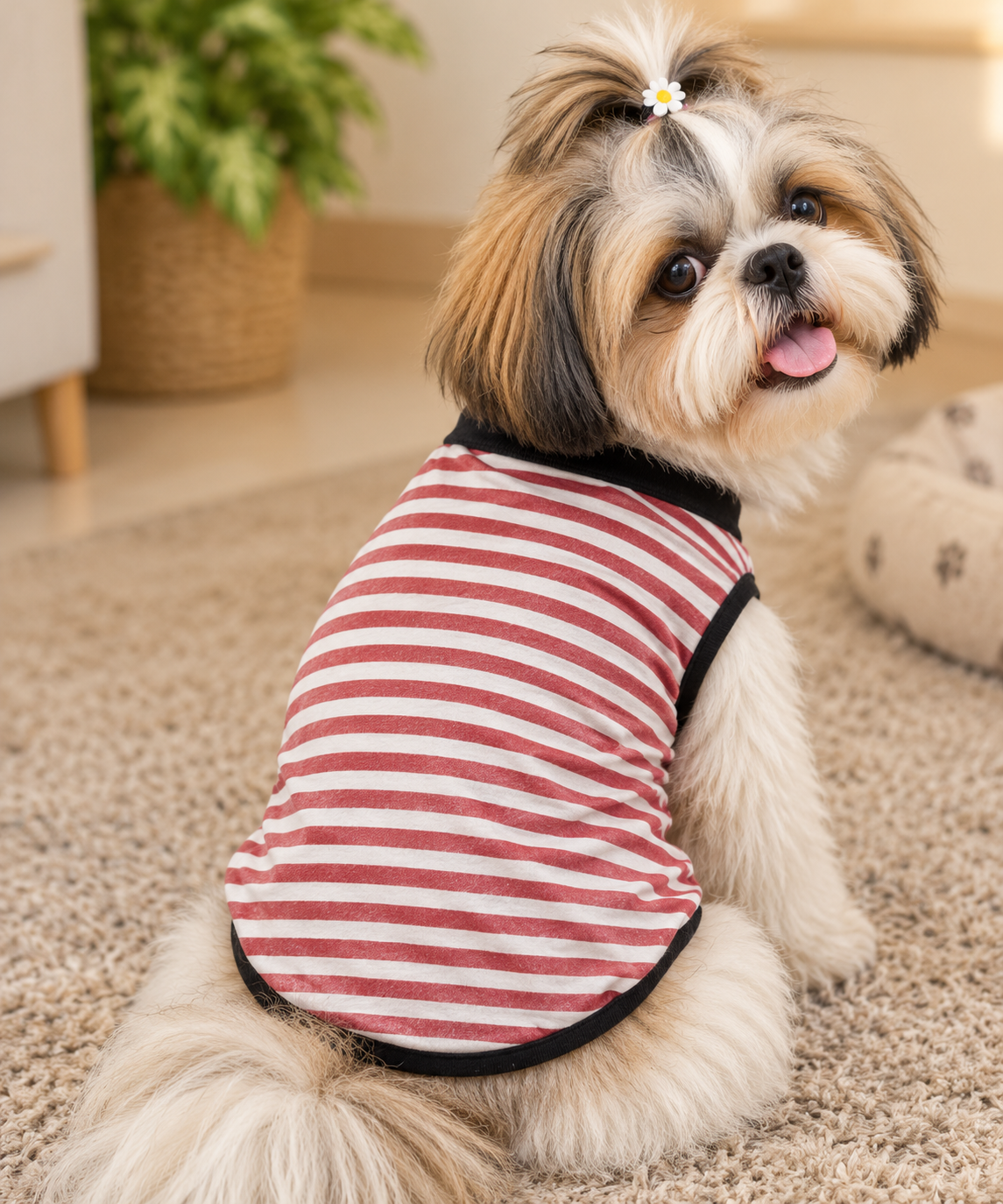 Pink & White Striped Velvet Tee with Black Border
