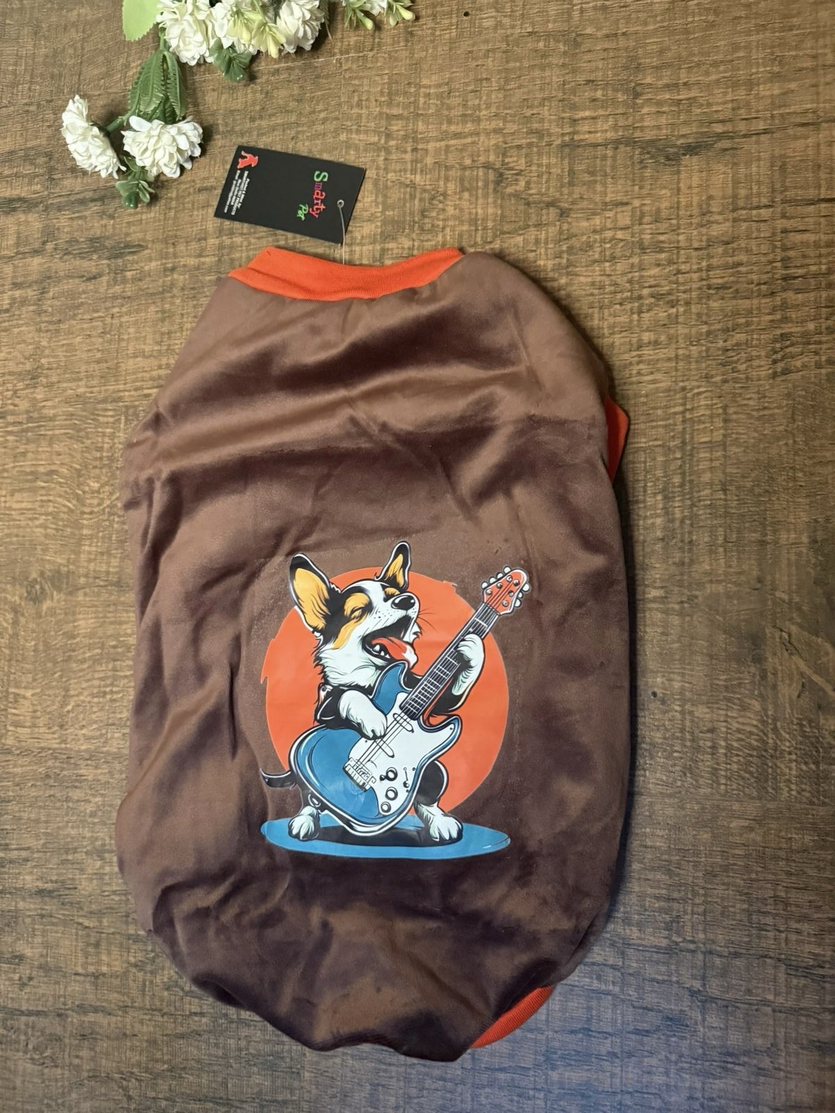 Brown Velvet T-Shirt with Guitar Print - Image 2