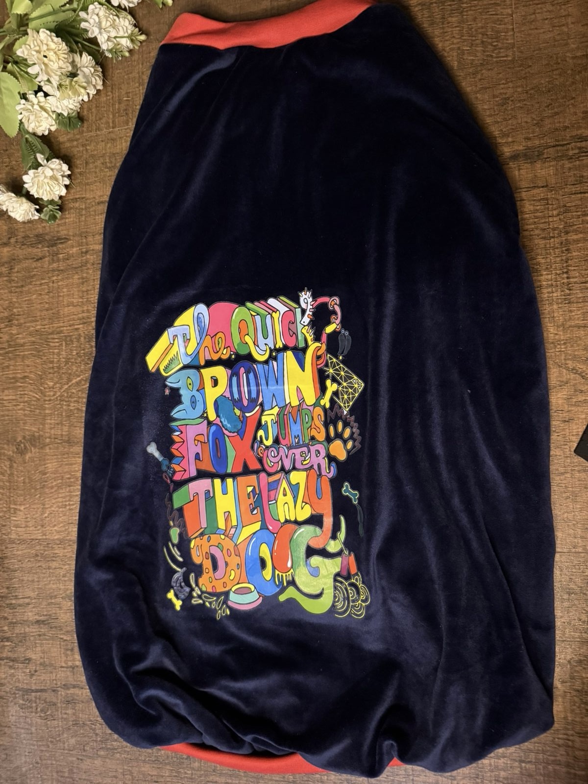 Navy Blue Velvet Tee – Colourful Graphic Print - Image 2