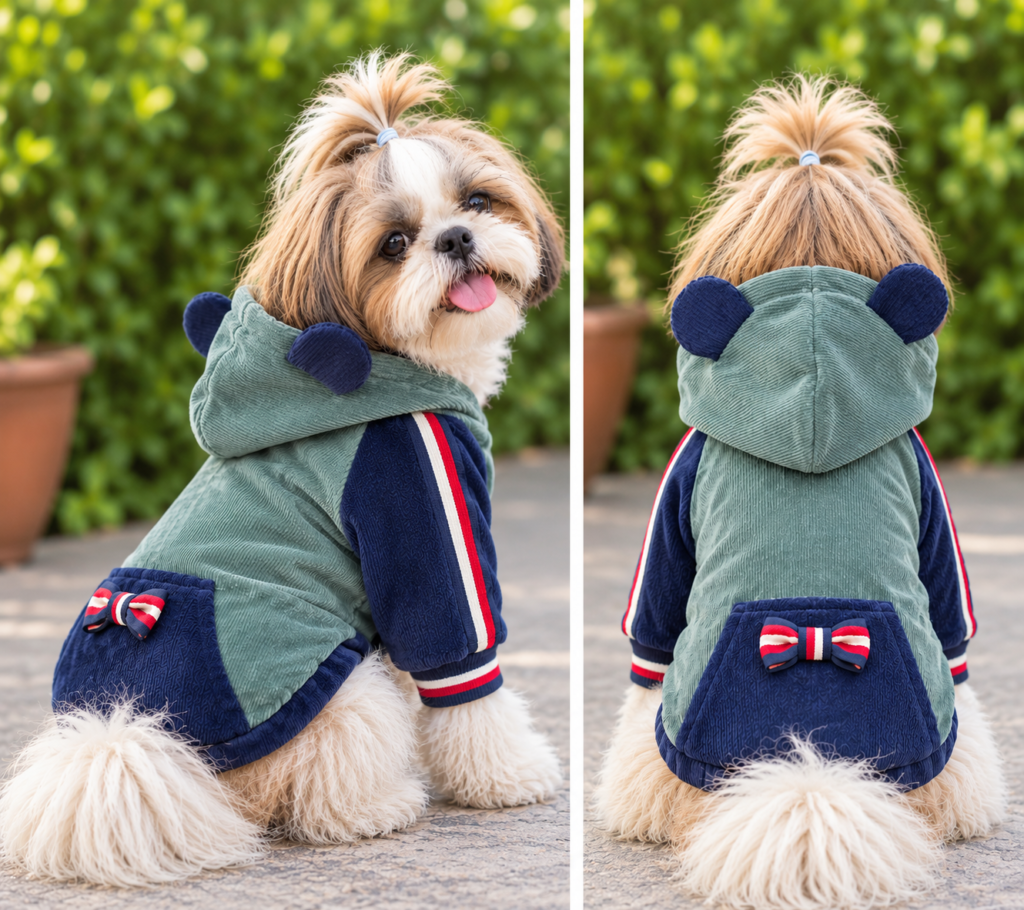 Sage Green & Navy Corduroy Hoodie with Cute Ears and Bow 🎀