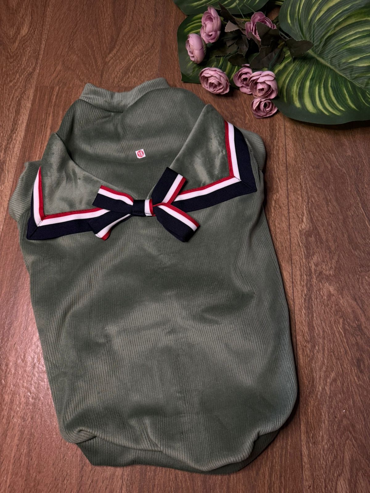 Olive Green Corduroy Winter Tee with Bow - Image 2
