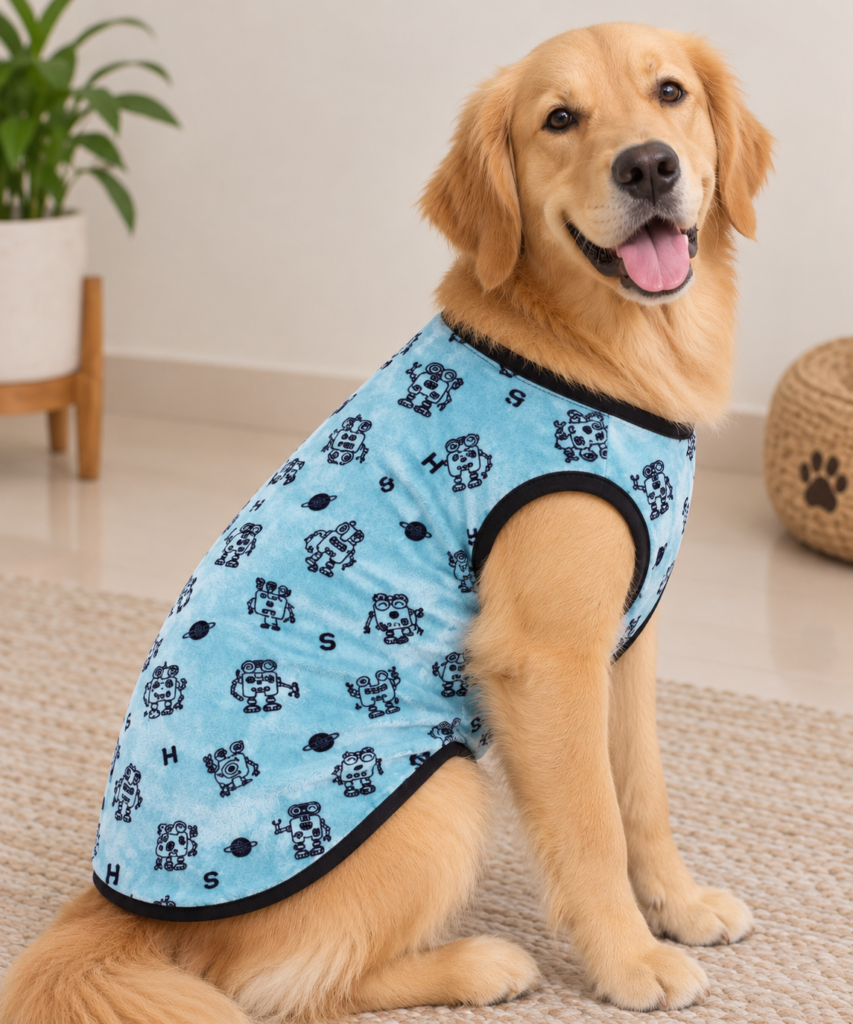 Sky Blue Robot Print Velvet Sleeveless Tee