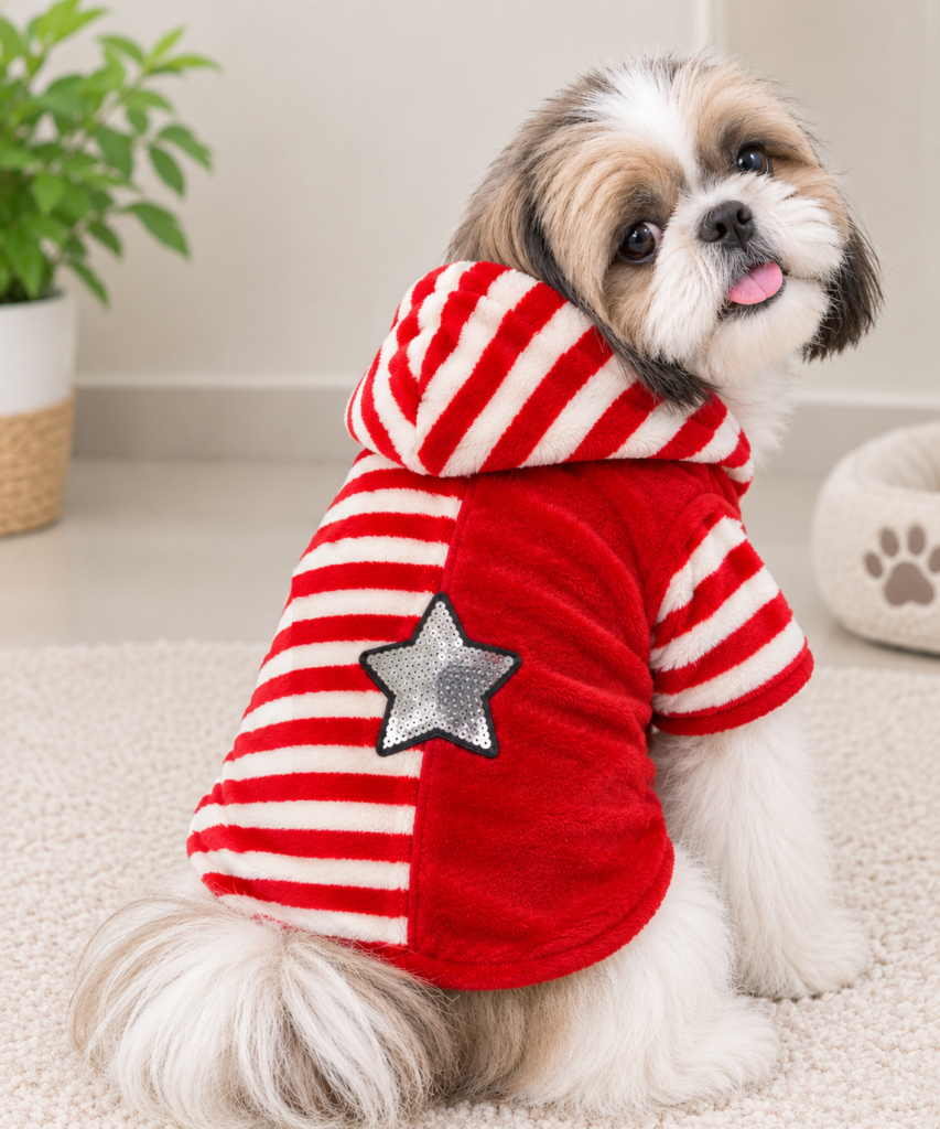 Red & White Striped Velvet Star Hoodie