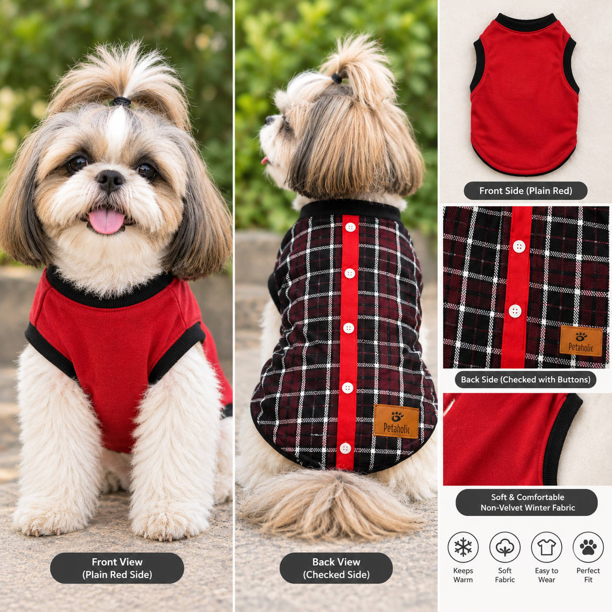 🐾 Red & Maroon Checked Shirt-Style Winter Tee ❤️