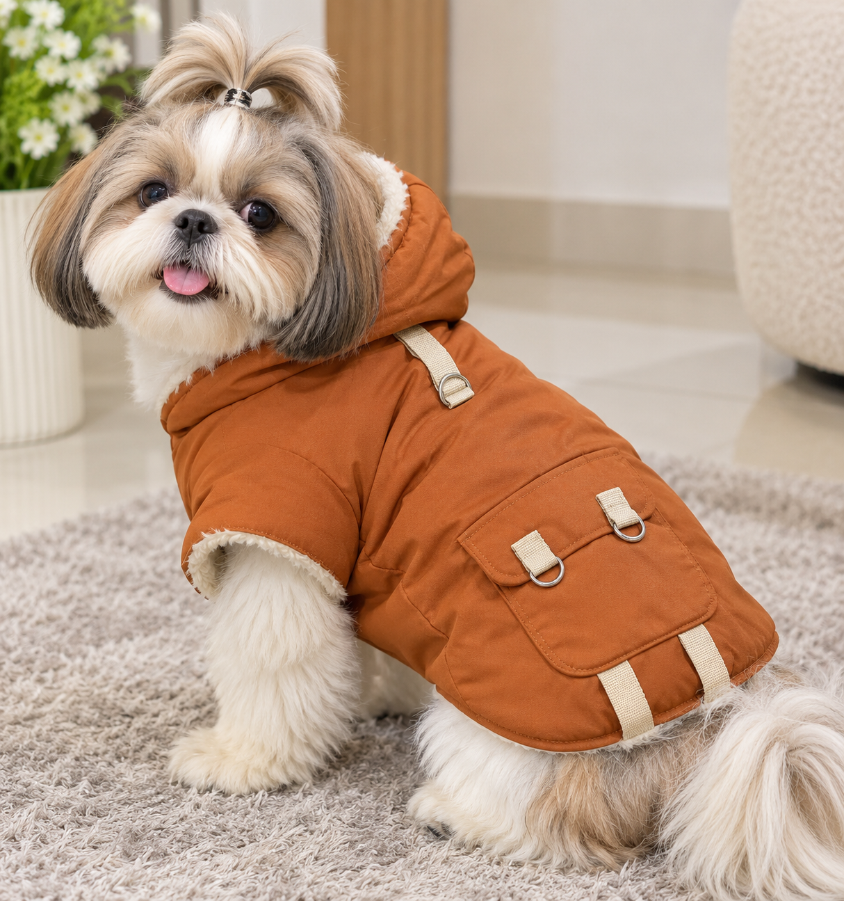 Rust Brown Fur-Lined Hooded Jacket
