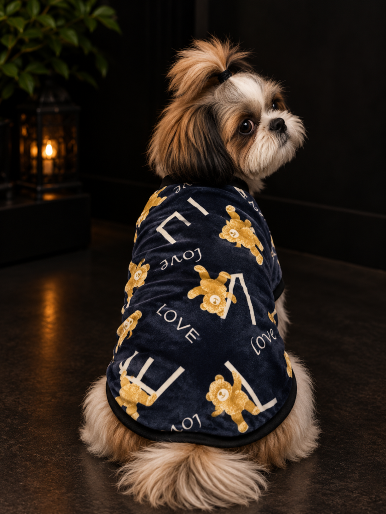 Navy Blue Teddy Bear Velvet Dog Tee – Cute & Stylish Pet Wear